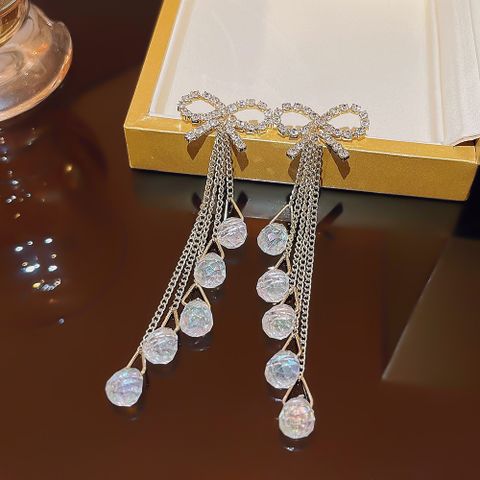 1 Pair IG Style Elegant Simple Style Tassel Bow Knot Inlay Copper Artificial Crystal Zircon 18K Gold Plated Drop Earrings