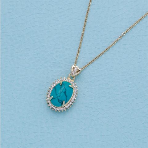 Copper 18K Gold Plated Elegant Oval Inlay Turquoise Pendant Necklace