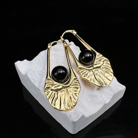 1 Pair Retro Geometric Inlay Copper Obsidian 24K Gold Plated Earrings
