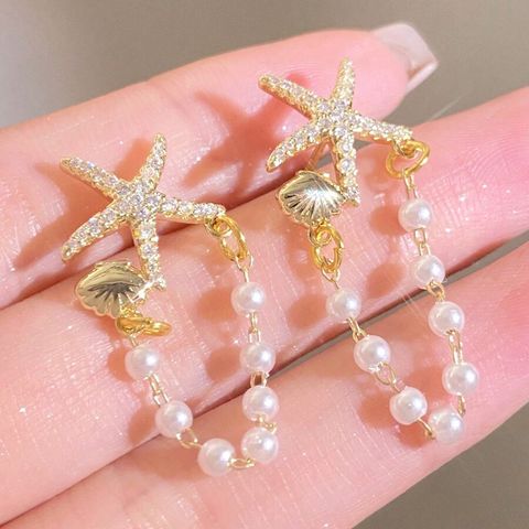 1 Pair Simple Style Classic Style Starfish Inlay Zinc Alloy Pearl Zircon Drop Earrings
