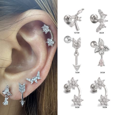 1 Piece Ear Cartilage Rings & Studs IG Style Simple Style Geometric Flower Brass Inlay Zircon Ear Cartilage Rings & Studs
