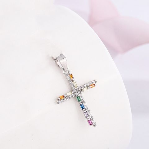 IG Style Shiny Cross Sterling Silver Plating Inlay Rhinestones Pendant Necklace 1 Piece