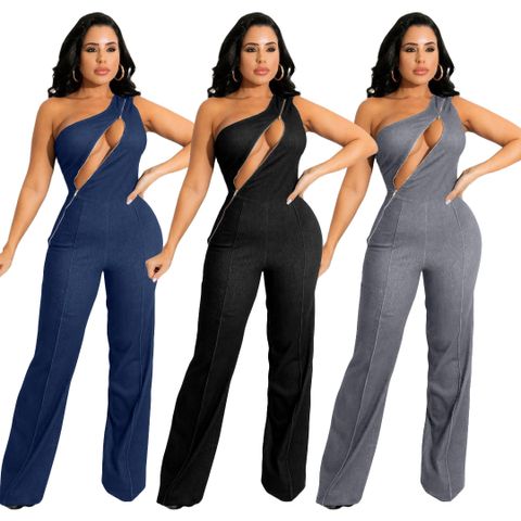 Women's Daily Sexy Solid Color Full Length Zipper Jumpsuits