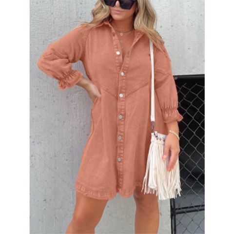 Women's Denim Dress Streetwear Shirt Collar Long Sleeve Solid Color Knee-Length Daily