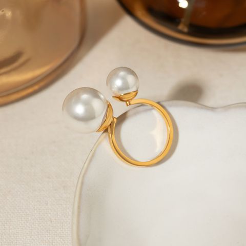 304 Stainless Steel 18K Gold Plated IG Style Inlay Round Pearl Open Rings