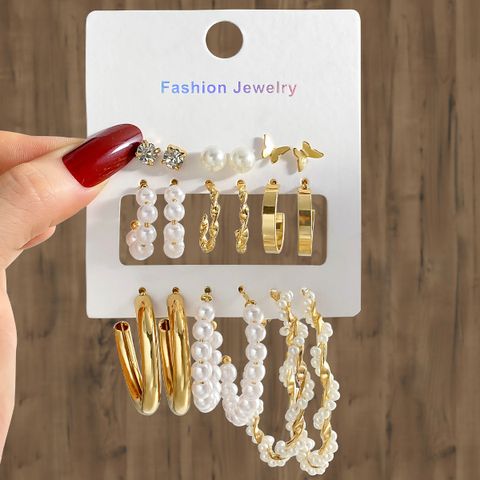 1 Set IG Style Geometric Plating Inlay Alloy Artificial Pearls Rhinestones Earrings