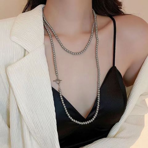 Elegant Round Glass Toggle Beaded Women's Sweater Chain Long Necklace