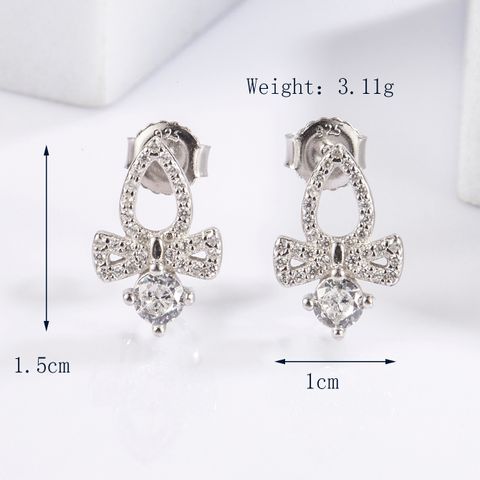 1 Pair Elegant Glam Luxurious Round Oval Bow Knot Plating Inlay Sterling Silver Zircon White Gold Plated Ear Studs