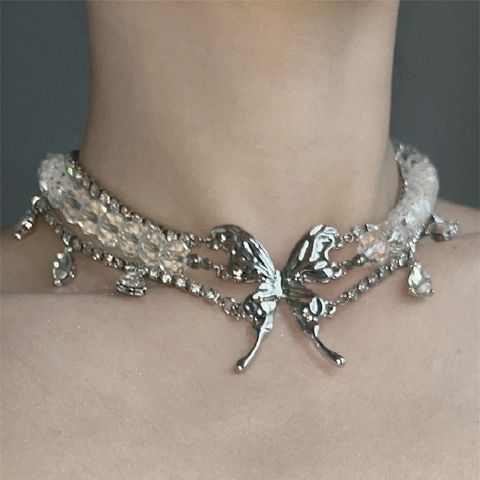 Casual Hip-Hop Butterfly Arylic Alloy Inlay Rhinestones Silver Plated Women's Choker