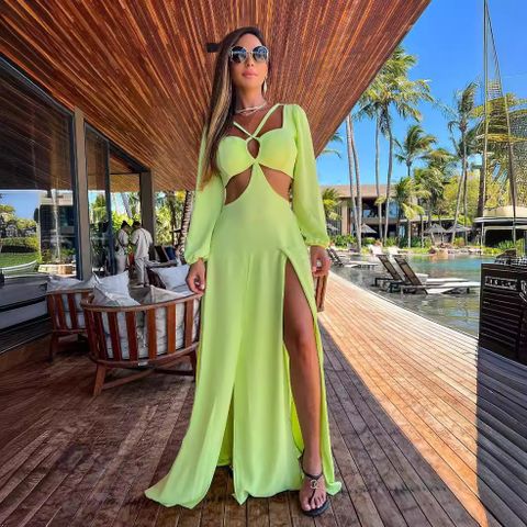 Women's Regular Dress Elegant V Neck Long Sleeve Solid Color Maxi Long Dress Holiday Daily Beach