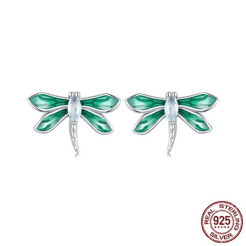 Elegant Sweet Dragonfly Sterling Silver Enamel Opal Ear Studs 1 Pair