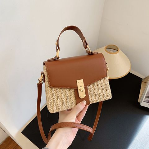 Women's Small Straw Color Block Vacation Beach Weave Square Lock Clasp Crossbody Bag Straw Bag