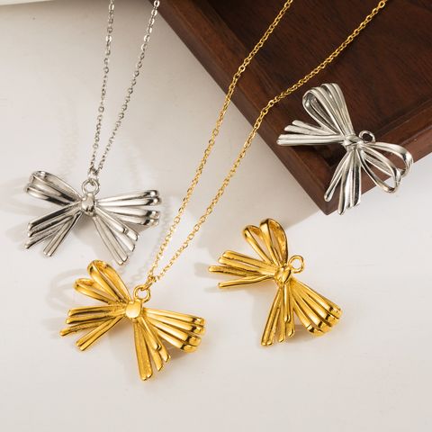 Stainless Steel 14K Gold Plated Romantic Sweet Bow Knot Pendant Necklace Necklace Pendant