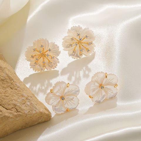 1 Pair Vacation Flower Plating Inlay Shell Copper Zircon 18K Gold Plated Ear Studs