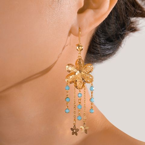 1 Pair Ethnic Style Simple Style Flower Tassel Hollow Out Inlay Copper Turquoise 18K Gold Plated Drop Earrings