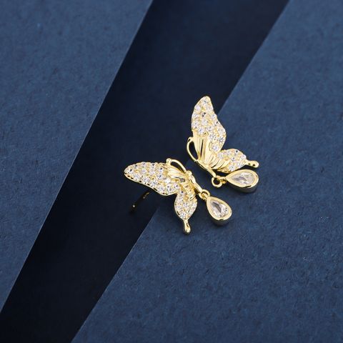 1 Pair Simple Style Classic Style Butterfly Plating Inlay Sterling Silver Zircon 14K Gold Plated Drop Earrings