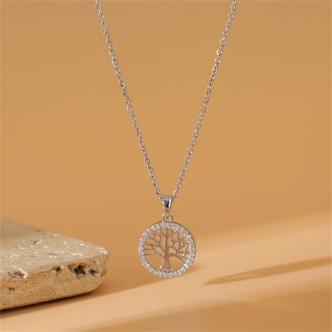 304 Stainless Steel Titanium Steel White Gold Plated Simple Style Plating Inlay Life Tree Zircon Pendant Necklace