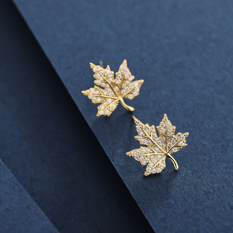1 Pair Simple Style Classic Style Maple Leaf Plating Inlay Sterling Silver Zircon 14K Gold Plated Ear Studs
