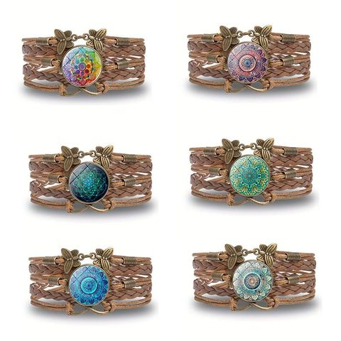 Retro Ethnic Style Bohemian Infinity Flower Butterfly Pu Leather Inlay Glass Women's Bracelets