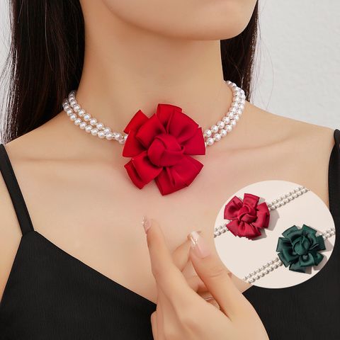 Wholesale Jewelry Fairy Style Elegant Sweet Rose Artificial Pearl Cloth Choker