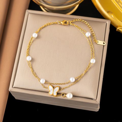 Casual Simple Style Four Leaf Clover Heart Shape Butterfly 304 Stainless Steel Plating Acrylic Artificial Rhinestones 18K Gold Plated Women'S Anklet