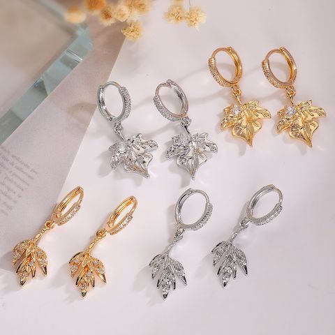 1 Pair Basic Modern Style Classic Style Leaf Plating Inlay Copper Zircon Drop Earrings