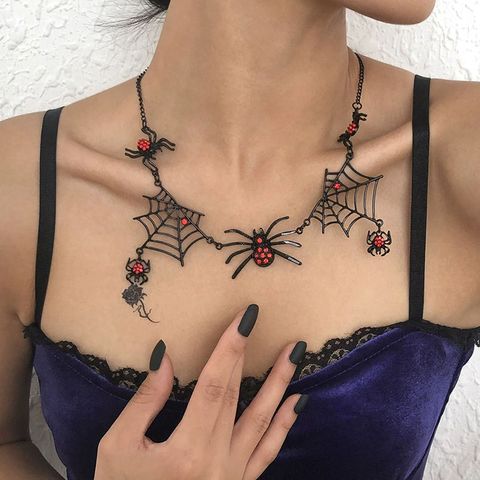 Wholesale Jewelry Exaggerated Novelty Punk Spider Spider Web Bat Alloy Rhinestones Inlay Pendant Necklace