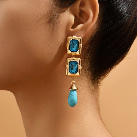 1 Pair IG Style Simple Style Water Droplets Rectangle Inlay Alloy Turquoise Rhinestones Drop Earrings