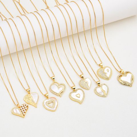 Copper 18K Gold Plated Simple Style Inlay Heart Shape Shell Zircon Pendant Necklace