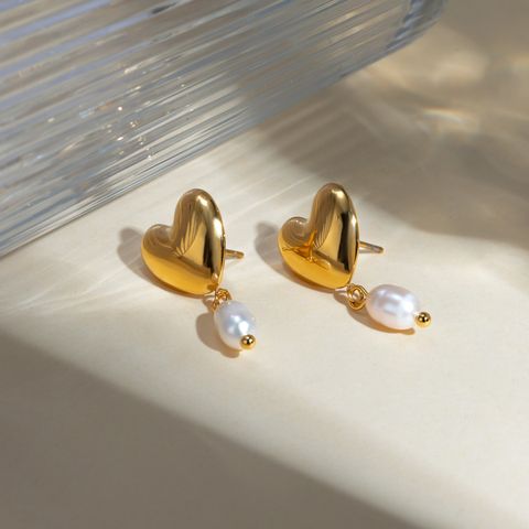 1 Pair IG Style Simple Style Heart Shape Pearl 304 Stainless Steel 18K Gold Plated Drop Earrings