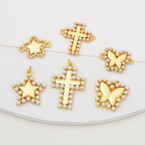 1 Piece 16 * 17mm 18*13mm 19 * 20mm Copper Pearl Zircon 18K Gold Plated Cross Star Heart Shape Polished Pendant