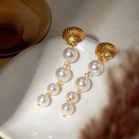 1 Pair IG Style Beach Shell Pearl 304 Stainless Steel 18K Gold Plated Drop Earrings