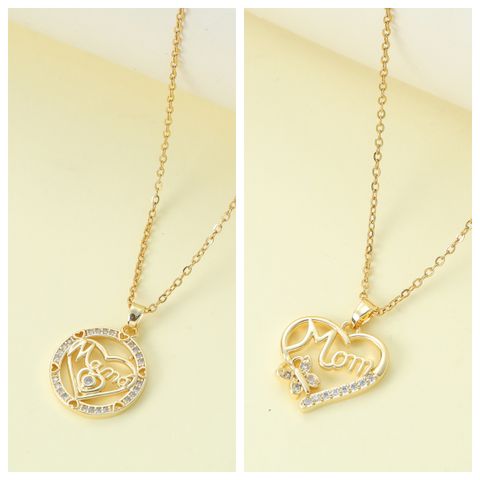Wholesale Jewelry MAMA Simple Style Letter Heart Shape Alloy Rhinestones Hollow Out Inlay Pendant Necklace