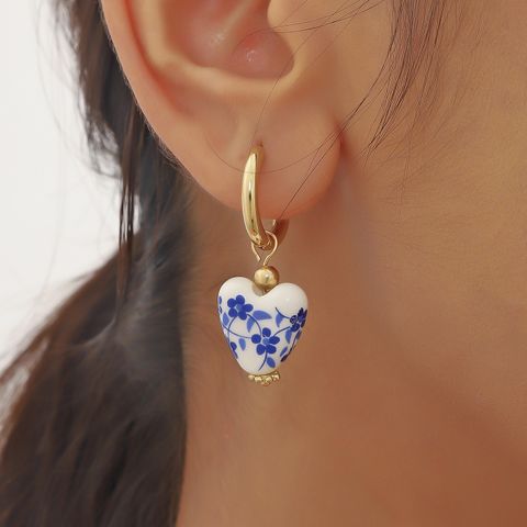 1 Pair Chinoiserie Retro Heart Shape Flower 304 Stainless Steel Ceramics Drop Earrings