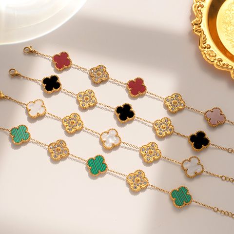 304 Stainless Steel 18K Gold Plated Cute Lady Sweet Inlay Four Leaf Clover Acrylic Rhinestones Bracelets Necklace