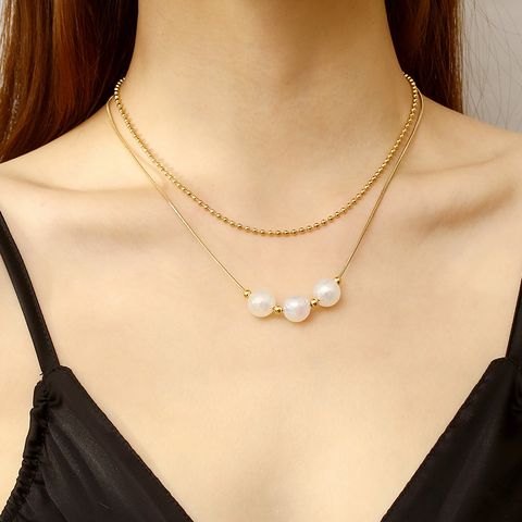 304 Stainless Steel 18K Gold Plated Simple Style Plating Inlay Heart Shape Turquoise Shell Double Layer Necklaces