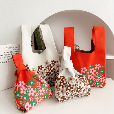 Women's Small Knit Flower Basic Open Shopping Bags
