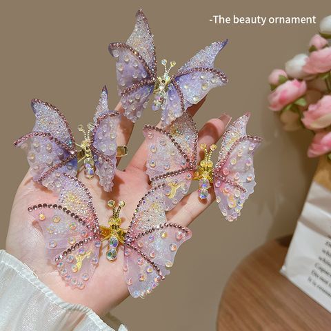 Children Unisex Sweet Butterfly Metal Chain Inlay Rhinestones Hair Clip