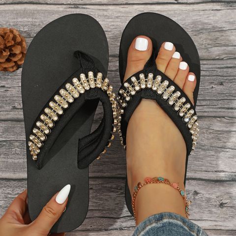 Women's Casual Vacation Solid Color Rhinestone T-Strap Flip Flops