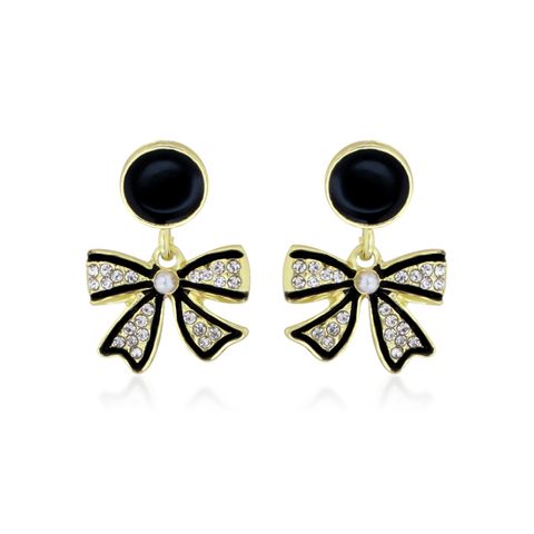 1 Pair Sweet Commute Bow Knot Inlay Iron Rhinestones Gold Plated Drop Earrings