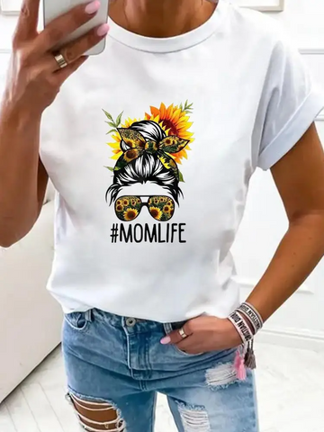 Women's T-shirt Short Sleeve T-shirts Printing Casual Mama Letter Flower