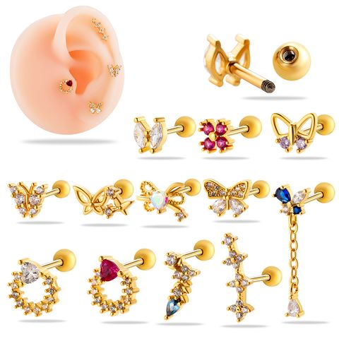 1 Piece Ear Cartilage Rings & Studs Simple Style Classic Style Heart Shape Flower Butterfly Copper Inlay Zircon Ear Cartilage Rings & Studs