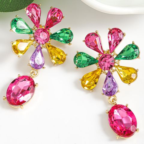 1 Pair Sweet Classic Style Shiny Oval Flower Polishing Inlay Alloy Rhinestones Drop Earrings