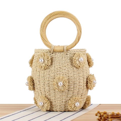 New Hand-carried Hand-woven Flower Pearl Bucket Straw Woven Bag 19*14*12cm