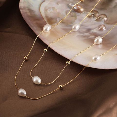 Sterling Silver Elegant Plating Geometric Freshwater Pearl Double Layer Necklaces