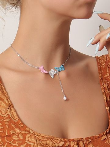 Wholesale Jewelry Elegant Vintage Style Classic Style Tassel Butterfly Imitation Pearl Alloy Pendant Necklace