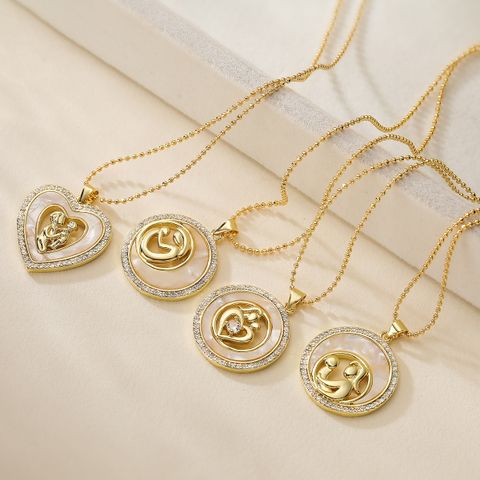Copper 18K Gold Plated Simple Style Commute Plating Inlay Human Round Heart Shape Shell Zircon Pendant Necklace