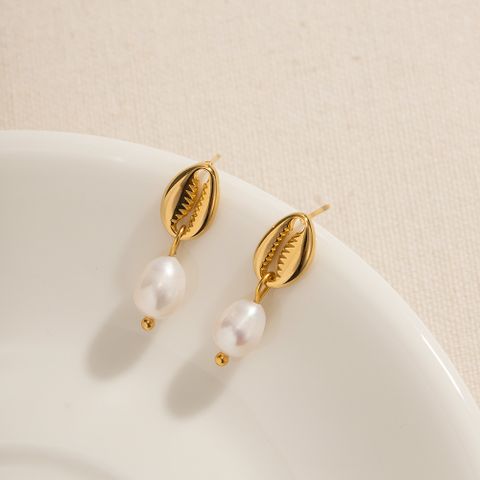 1 Pair IG Style Shell Pearl 304 Stainless Steel 18K Gold Plated Drop Earrings