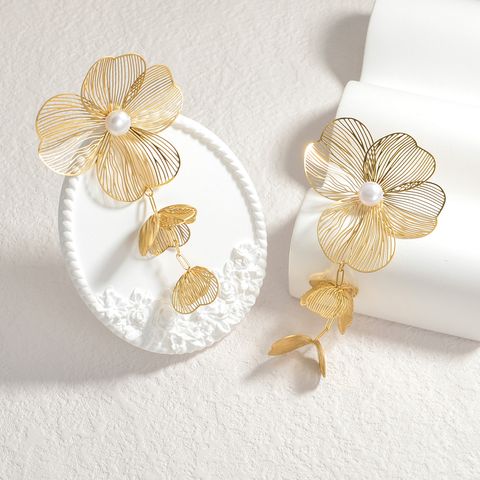 1 Piece Sweet Flower Mesh Inlay 304 Stainless Steel Pearl 18K Gold Plated Drop Earrings