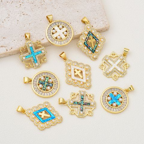 1 Piece 20*22MM 21 * 24mm 22*31mm Copper Pearl Zircon 18K Gold Plated Cross Polished Pendant